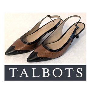 Talbots Brown Black Leather Two-Tone Slingback Kitten Heel Pumps Size 9B NEW